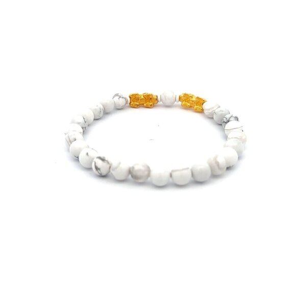 18K Gold Dragon Pixiu Double Piyao Charm Bracelet Gemstones White Howlite 6mm - Picture 4 of 5